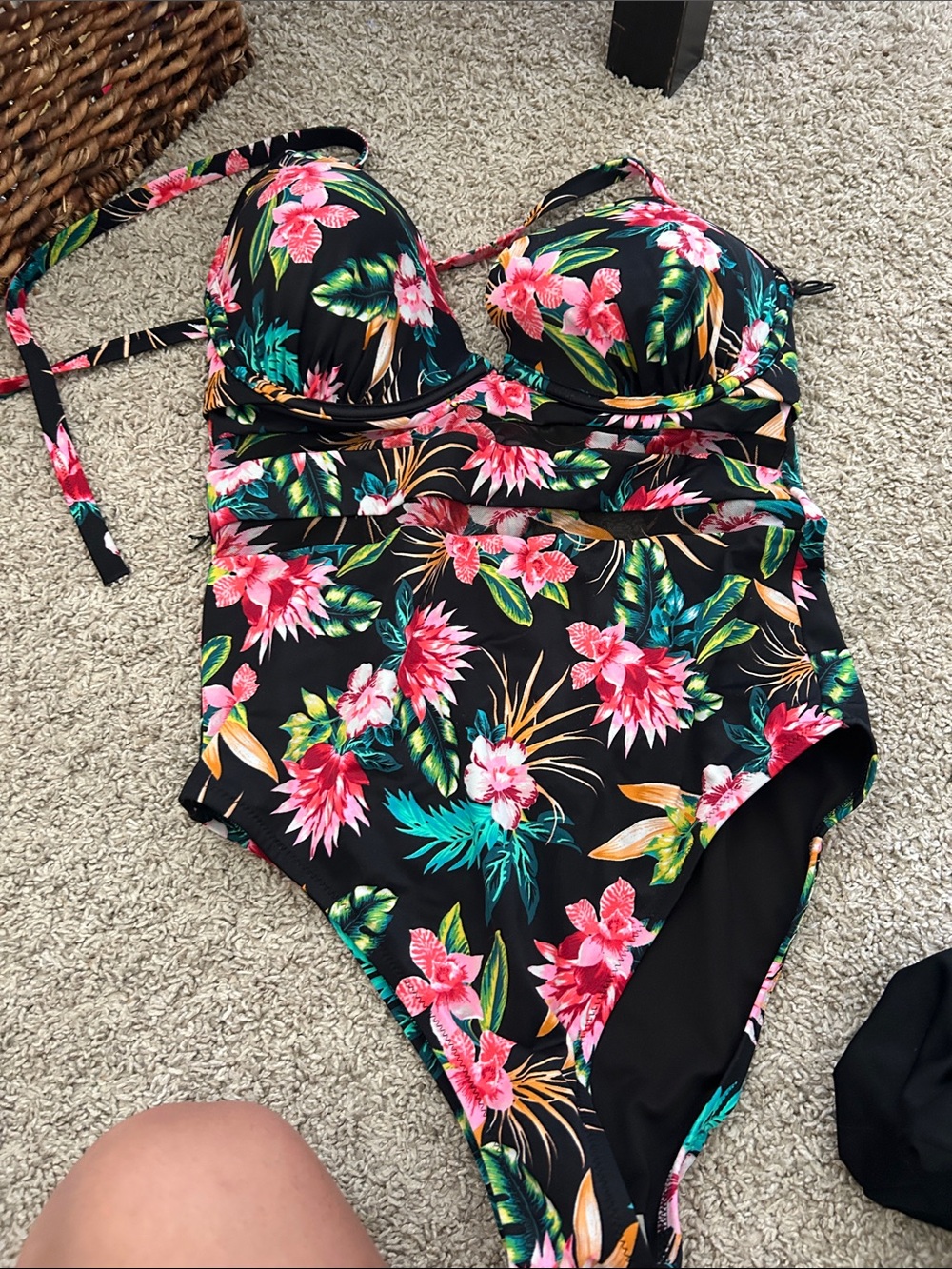 Shade & Shore Black One-Piece Swimsuit with Pink & Green Floral